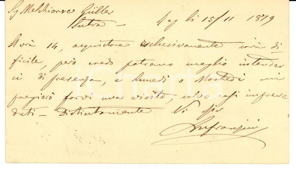 Documento originale, autentico 1879 REGGIO EMILIA Ditta FRANZINI chiede appuntamento a Melchiorre GULLER FP VG 1