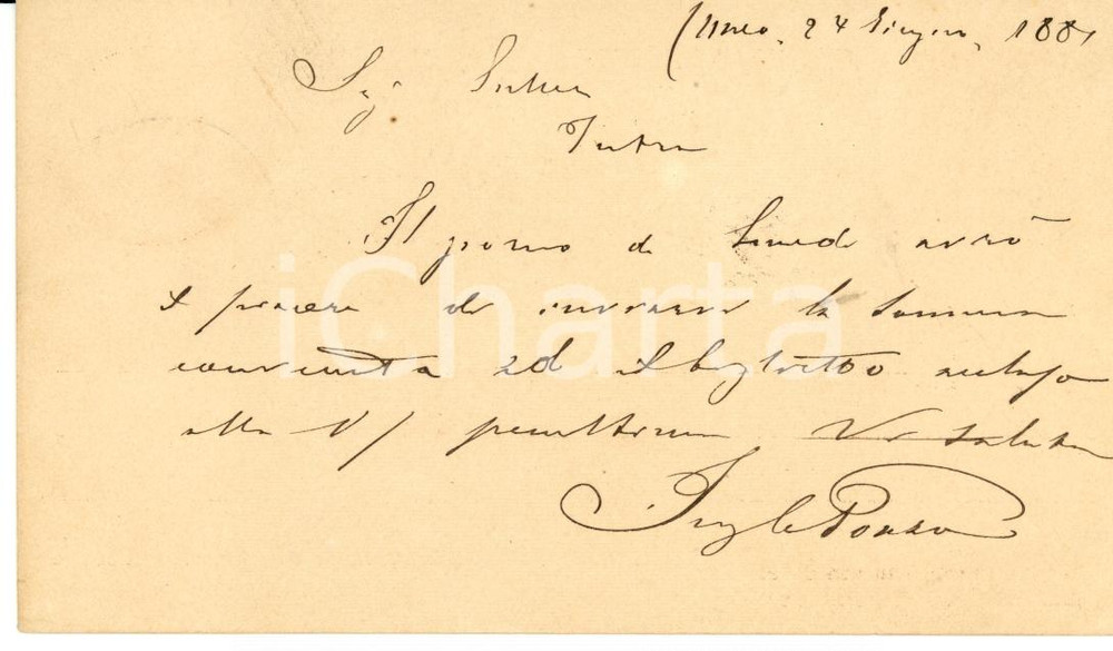 Documento originale, autentico 1881 CUNEO Ing. Carlo PONZO a Melchiorre GULLER Autografo 1