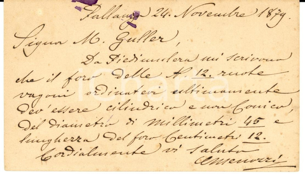 Documento originale, autentico 1879 VERBANIA PALLANZA Ditta MENOZZI su fori per ruote vagoni Cartolina FP VG 1