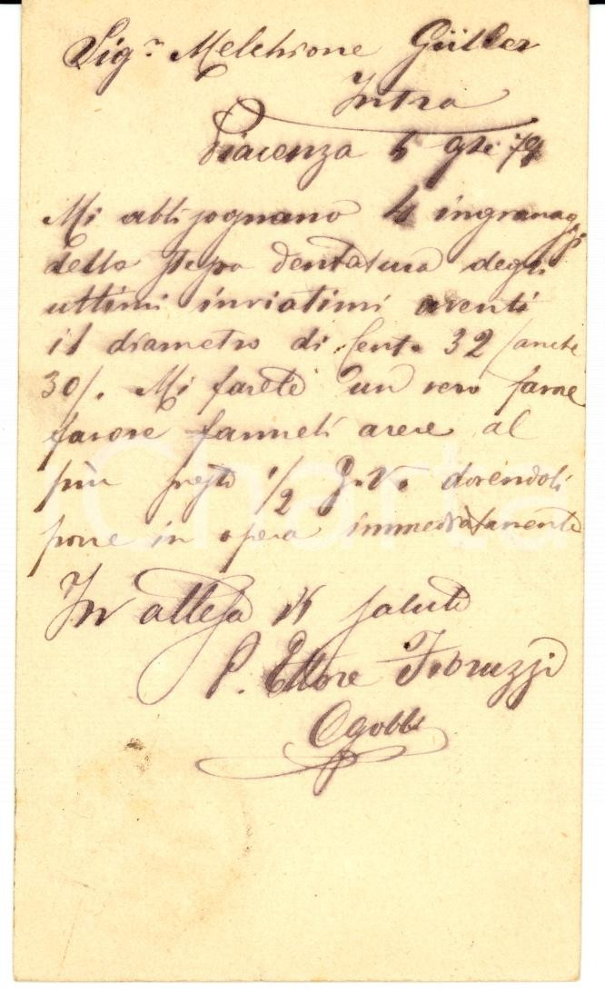 Documento originale, autentico 1879 PIACENZA Ettore FIBRUZZI ordina ingranaggi a GULLER Cartolina FP VG 1