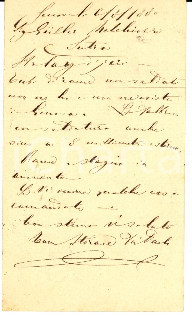 Documento originale, autentico 1880 GENOVA Tommaso STORACE fu Paolo fabbrica tubi di rame Cartolina FP VG 1