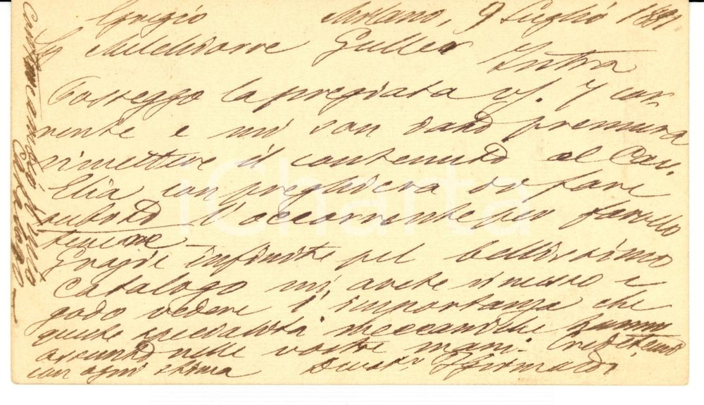 Documento originale, autentico 1881 MILANO Ditta GRIMALDI a Melchiorre GULLER Verbania INTRA Cartolina FP VG 1