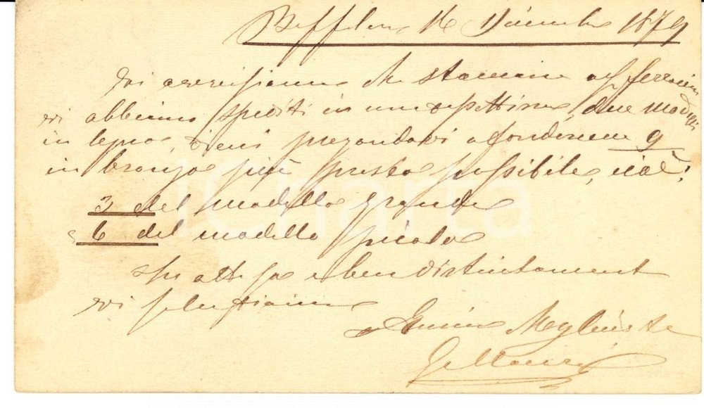 Documento originale, autentico 1879 BOFFALORA SOPRA TICINO MI VALLAURI a Melchiorre GULLER Verbania Intra 1