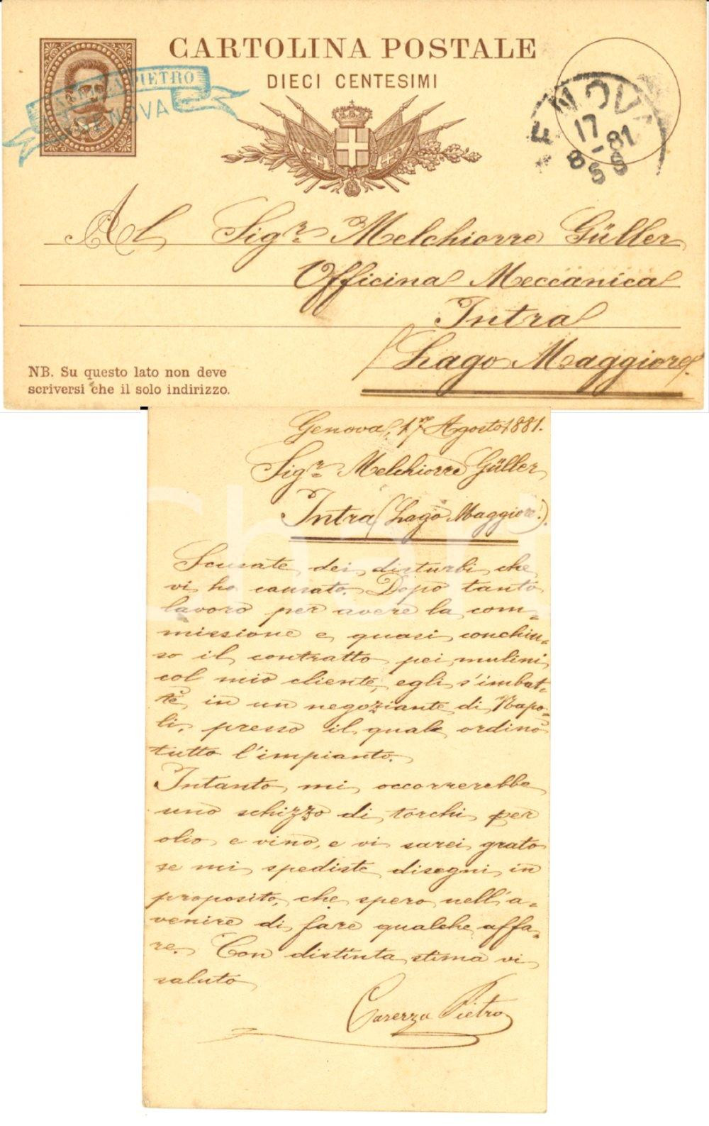 Documento originale, autentico 1881 GENOVA Pietro CASERZA perde contratto per torchi da olio 1