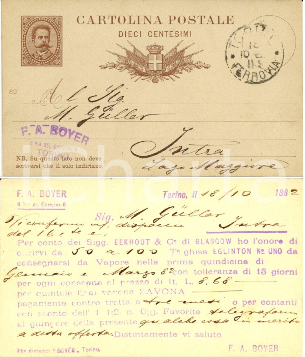 Documento originale, autentico 1882 TORINO Ditta F. A. BOYER propone ghisa EGLINTON Cartolina FP VG 1