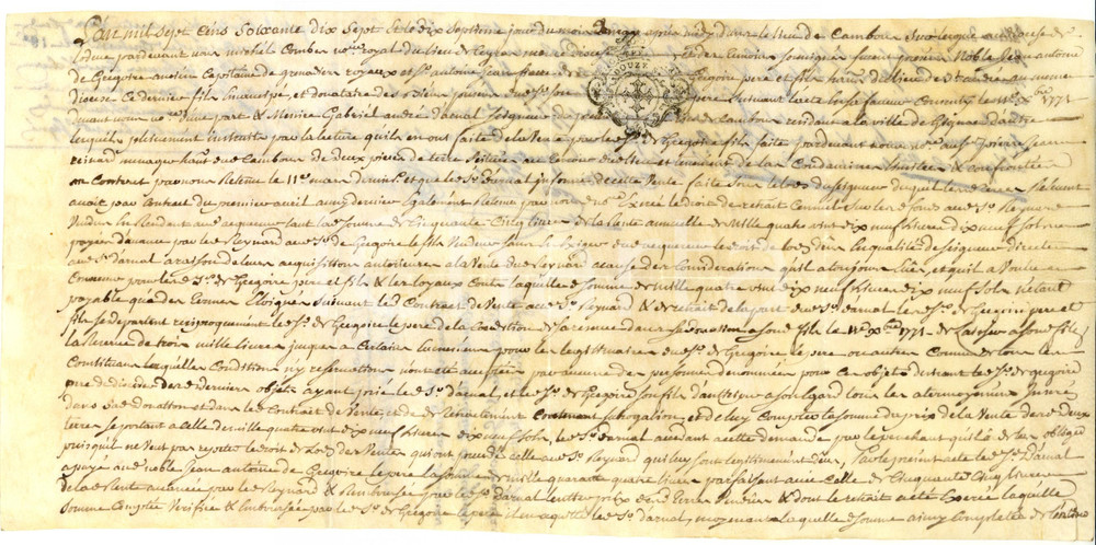 Documento originale, autentico 1777 CAMBOUS MONTPELLIER F Vente FranÃ§oisGabriel D ARNAL Parchemin 1