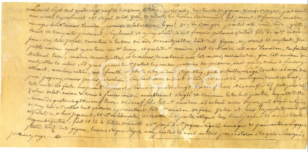 Documento originale, autentico 1789 GIGNAC F FranÃ§ois AMADOU vende casa a FranÃ§oisGuillaume VALLAT Parchemin 1