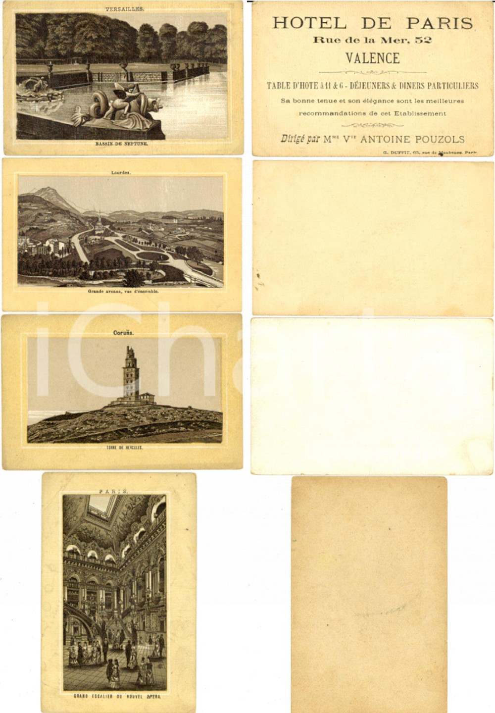 Materiale pubblicitario d’epoca 1900 ca VALENCE F Hotel de PARIS Lotto quattro biglietti ILLUSTRATI Lourdes 1