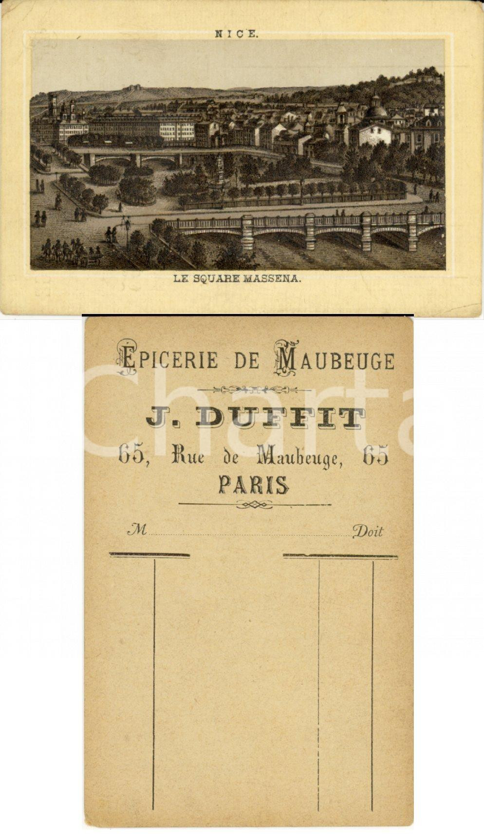 Materiale pubblicitario d’epoca 1883 PARIS Jules DUFFIT Grande Ã©picerie de MAUBERGE Nice SQUARE MASSENA 1