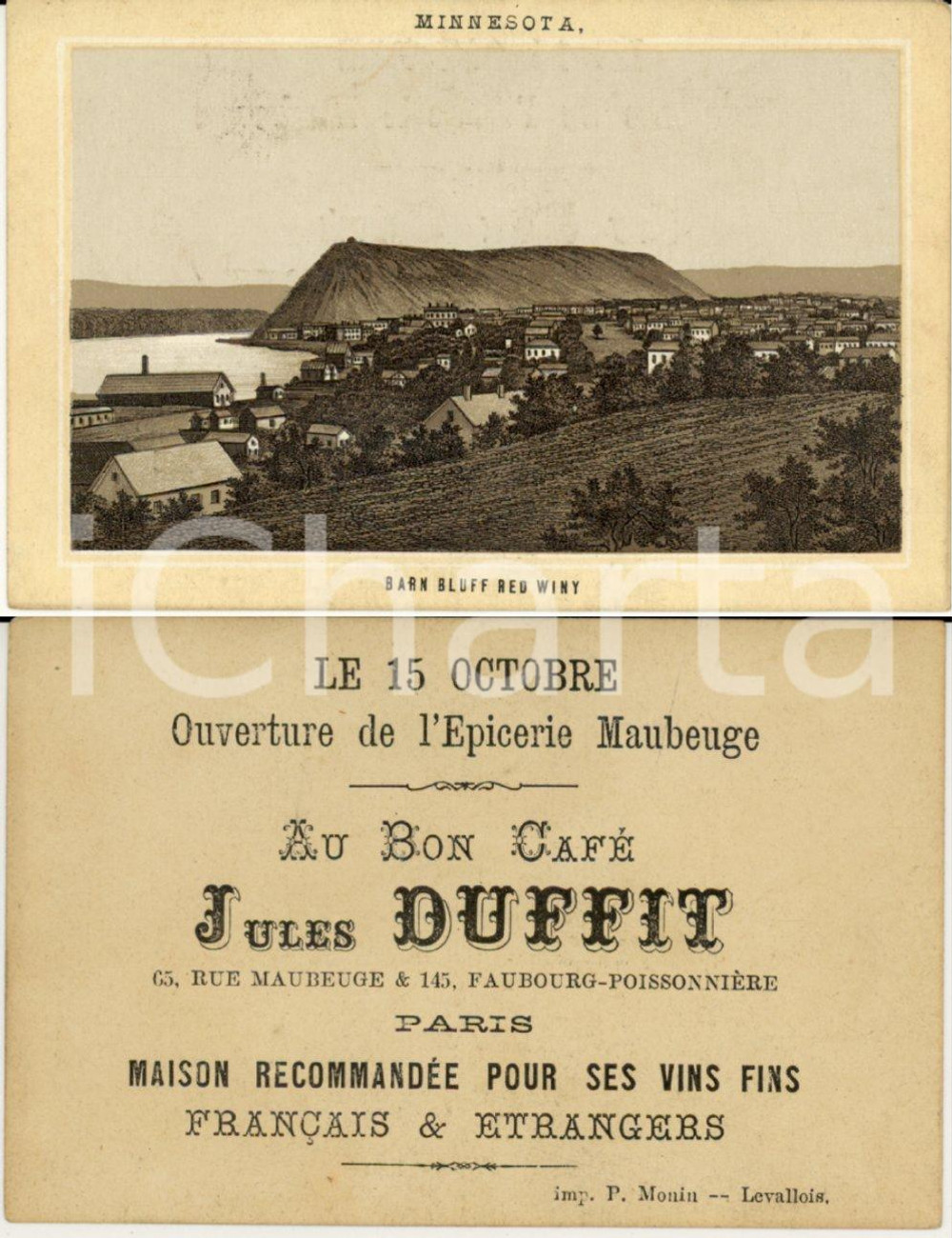 Materiale pubblicitario d’epoca 1883 PARIS Jules DUFFIT Inaugurazione Grande Ã©picerie de MAUBERGE BARN BLUFF 1