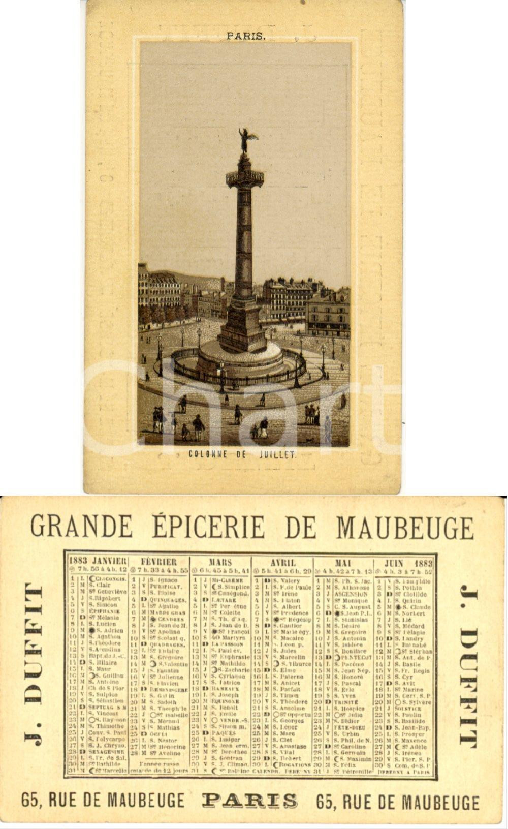 Materiale pubblicitario d’epoca 1883 PARIS Jules DUFFIT Grande Ã©picerie de MAUBERGE Illustrato con calendario 1