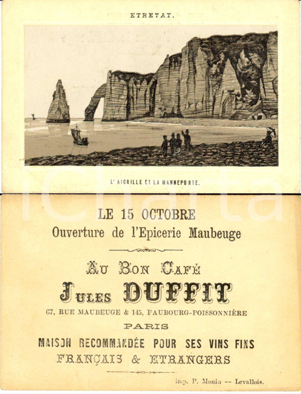 Materiale pubblicitario d’epoca 1883 PARIS Jules DUFFIT Inaugurazione Grande Ã©picerie de MAUBERGE Etretat 1