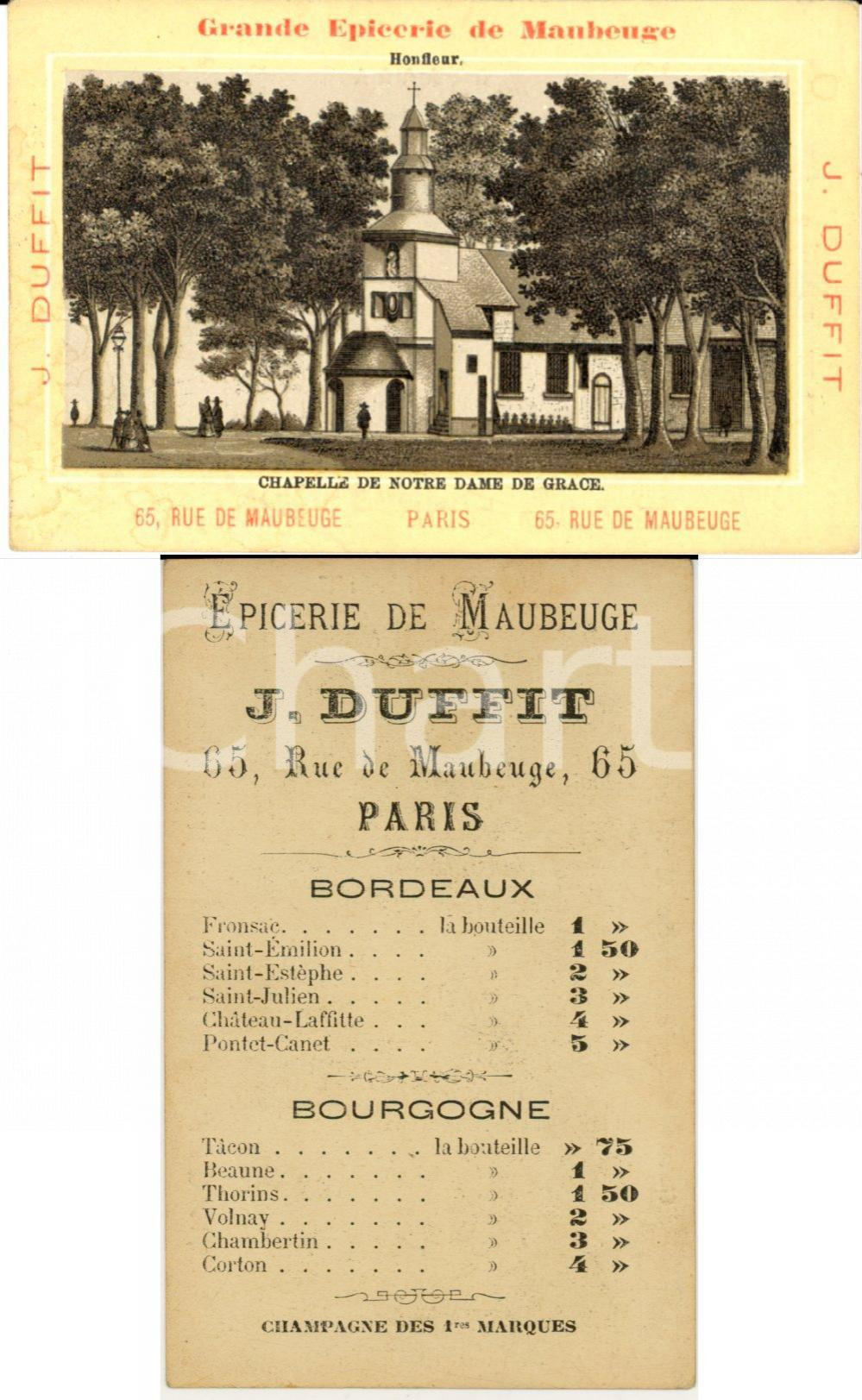 Materiale pubblicitario d’epoca 1883 PARIS Jules DUFFIT Grande Ã©picerie de MAUBERGE Listino prezzi HONFLEUR 1