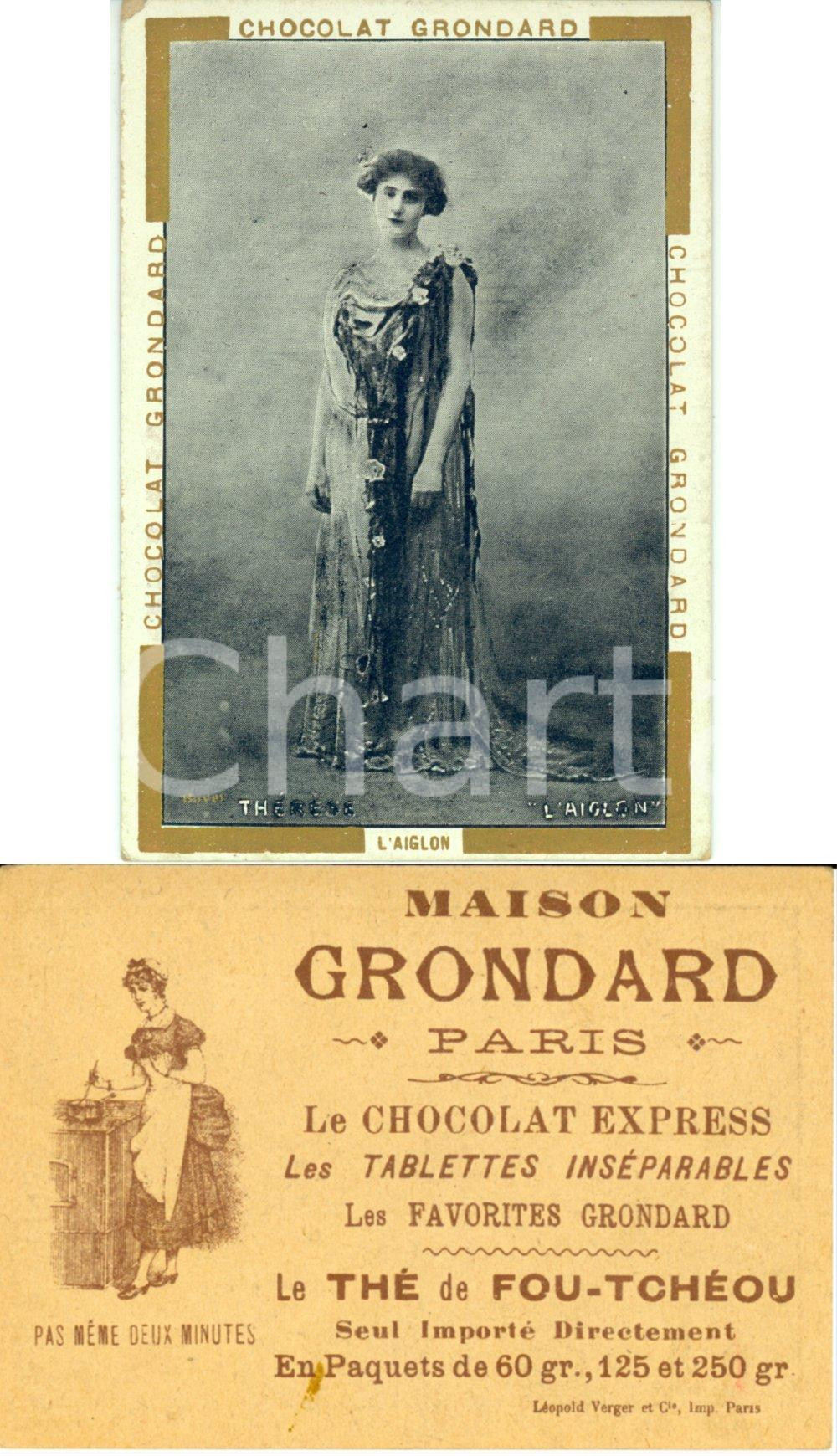 Materiale pubblicitario d’epoca 1890 ca PARIS Chocolat Maison GRONDARD L AIGLON ThÃ©rÃ¨se Biglietto 1