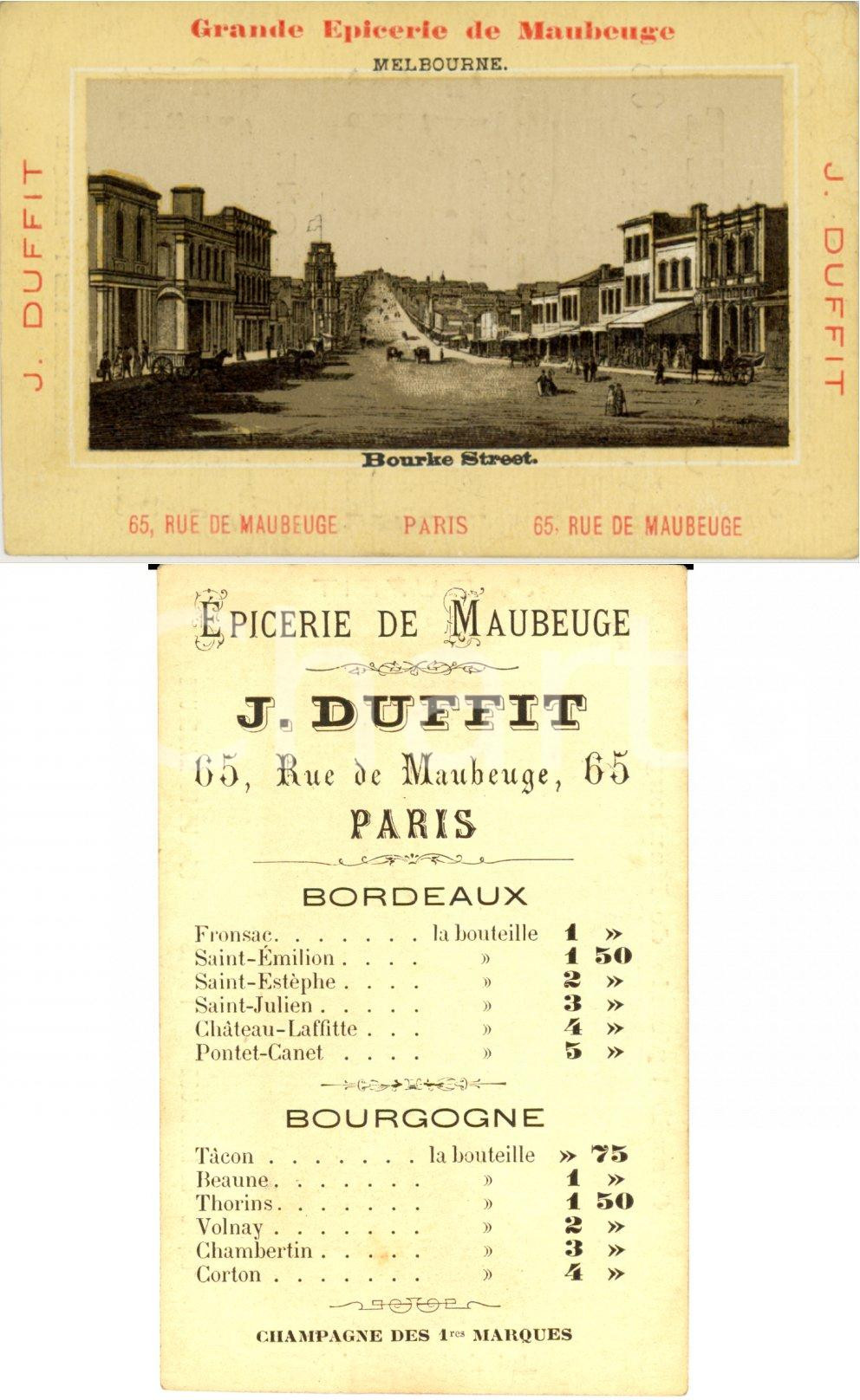 Materiale pubblicitario d’epoca 1883 PARIS Jules DUFFIT Grande Ã©picerie de MAUBERGE Listino prezzi MELBOURNE 1