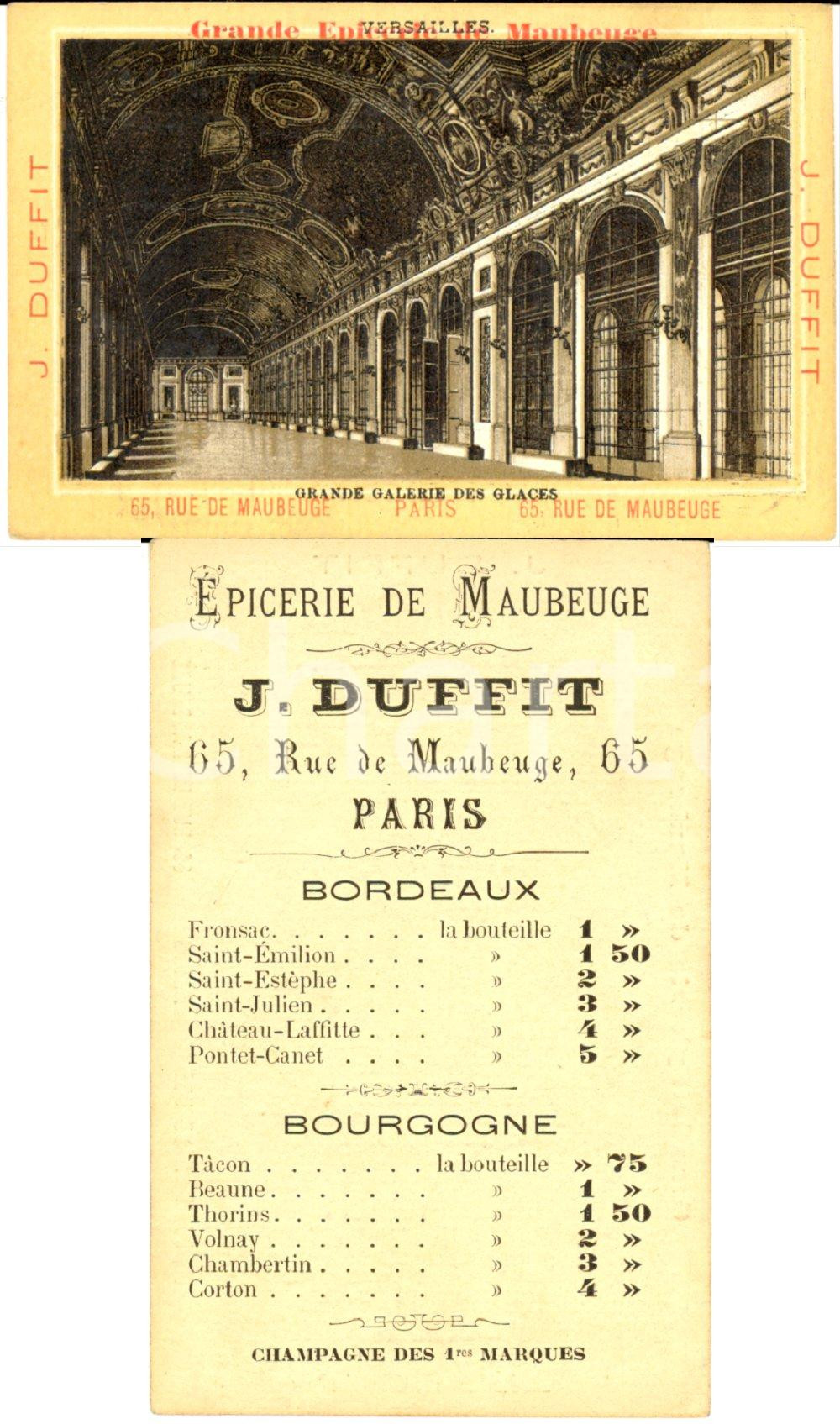 Materiale pubblicitario d’epoca 1883 PARIS Jules DUFFIT Grande Ã©picerie de MAUBERGE Listino prezzi VERSAILLES 1