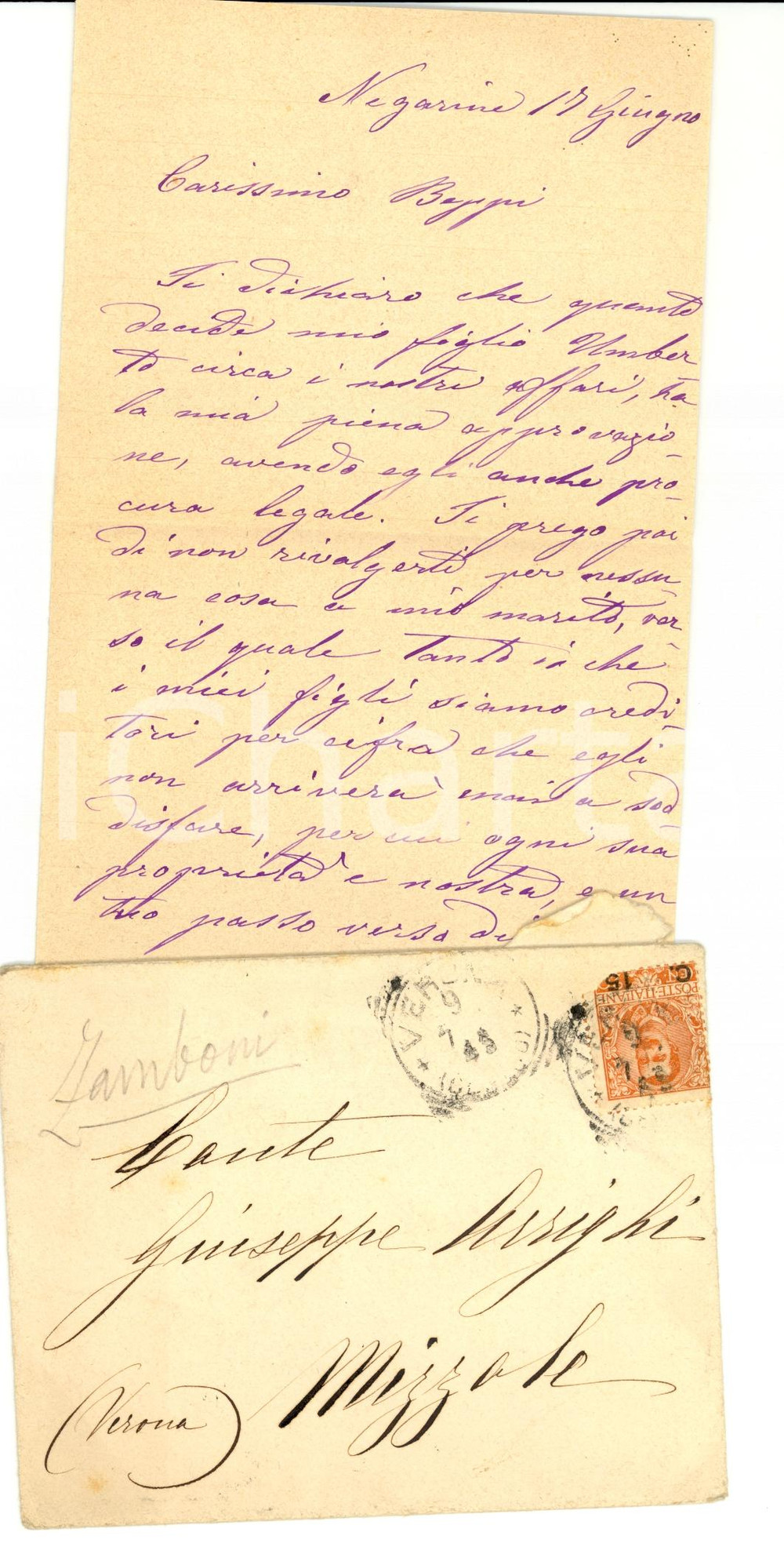Autografo originale 1906 NEGARINE VR Umberto ZAMBONI tratta affari con il conte Giuseppe ARRIGHI 1
