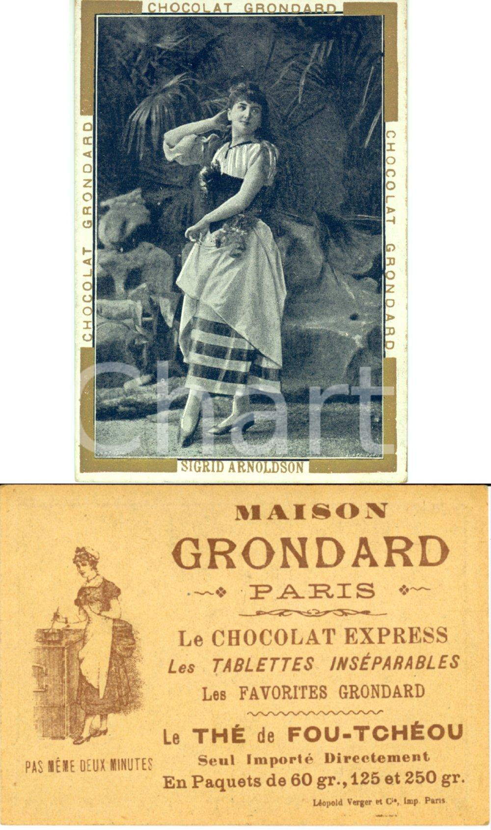 Materiale pubblicitario d’epoca 1890 ca PARIS Chocolat Maison GRONDARD Sigrid ARNOLDSON Biglietto 1