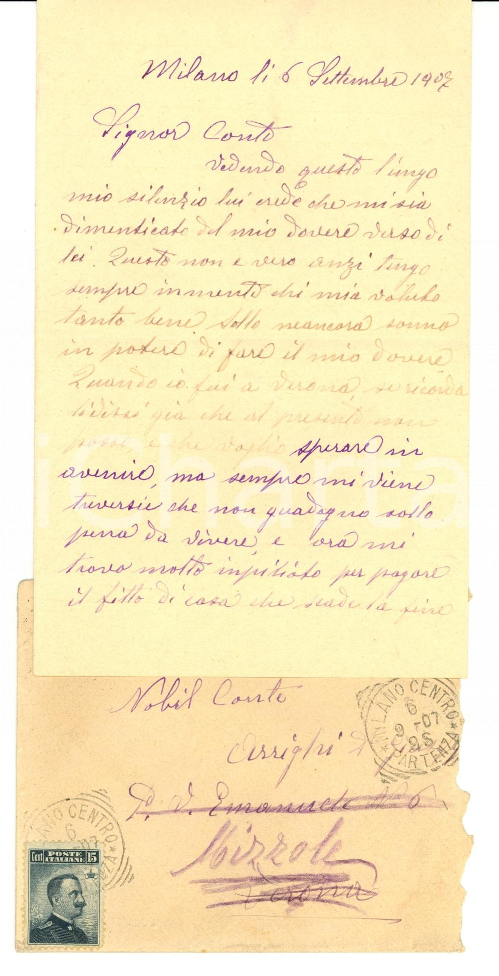 Manoscritto, lettera originale 1907 MILANO Angelo MATTIOLI in miseria al conte Giuseppe ARRIGHI Lettera 1