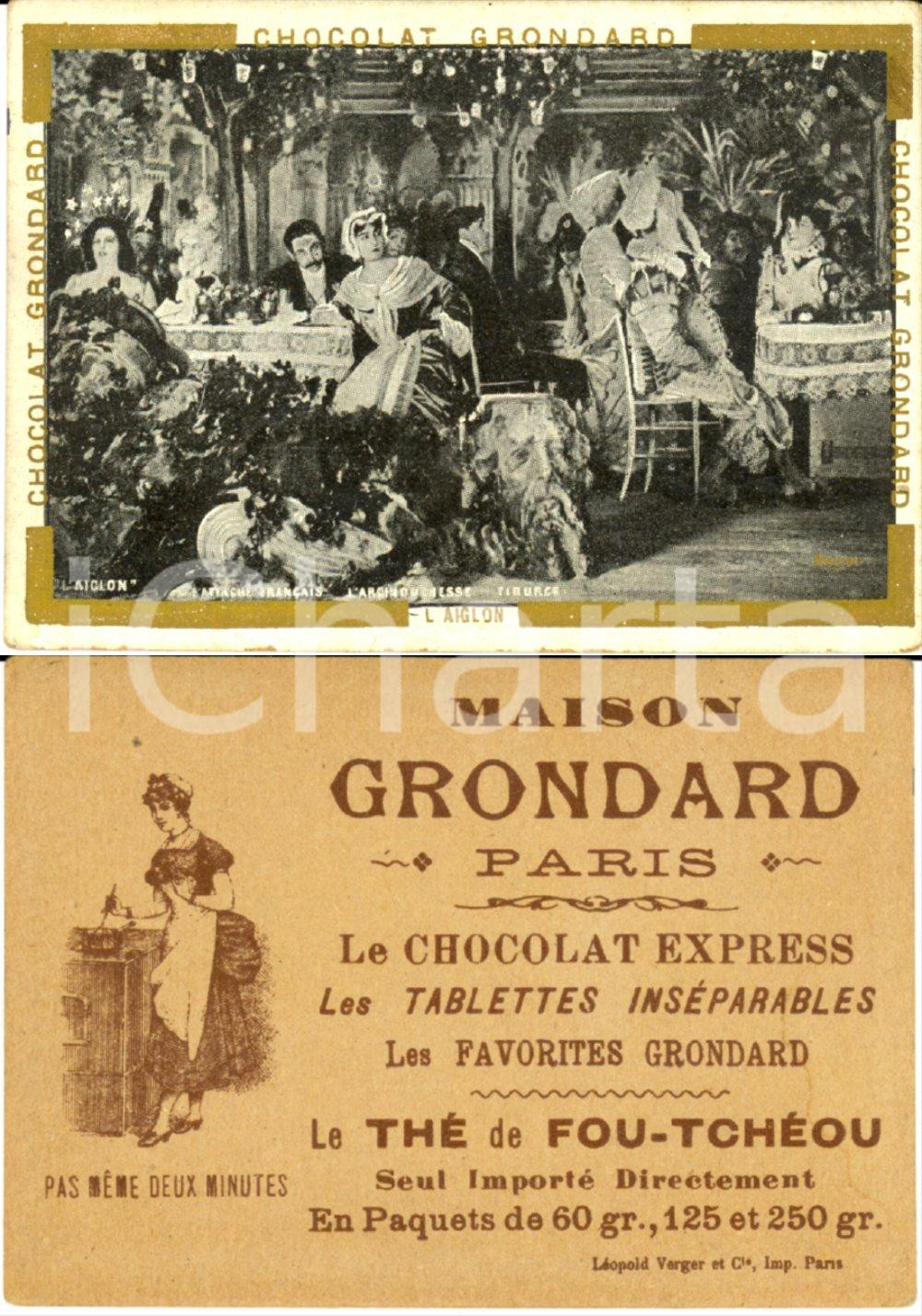 Materiale pubblicitario d’epoca 1890 ca PARIS Chocolat Maison GRONDARD L AIGLON Biglietto 1