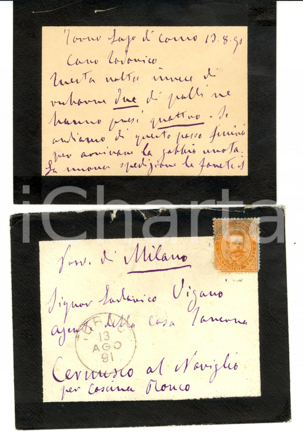 Manoscritto, lettera originale 1891 TORNO CO Conte TAVERNA all agente Lodovico VIGANO  per furto pali 1