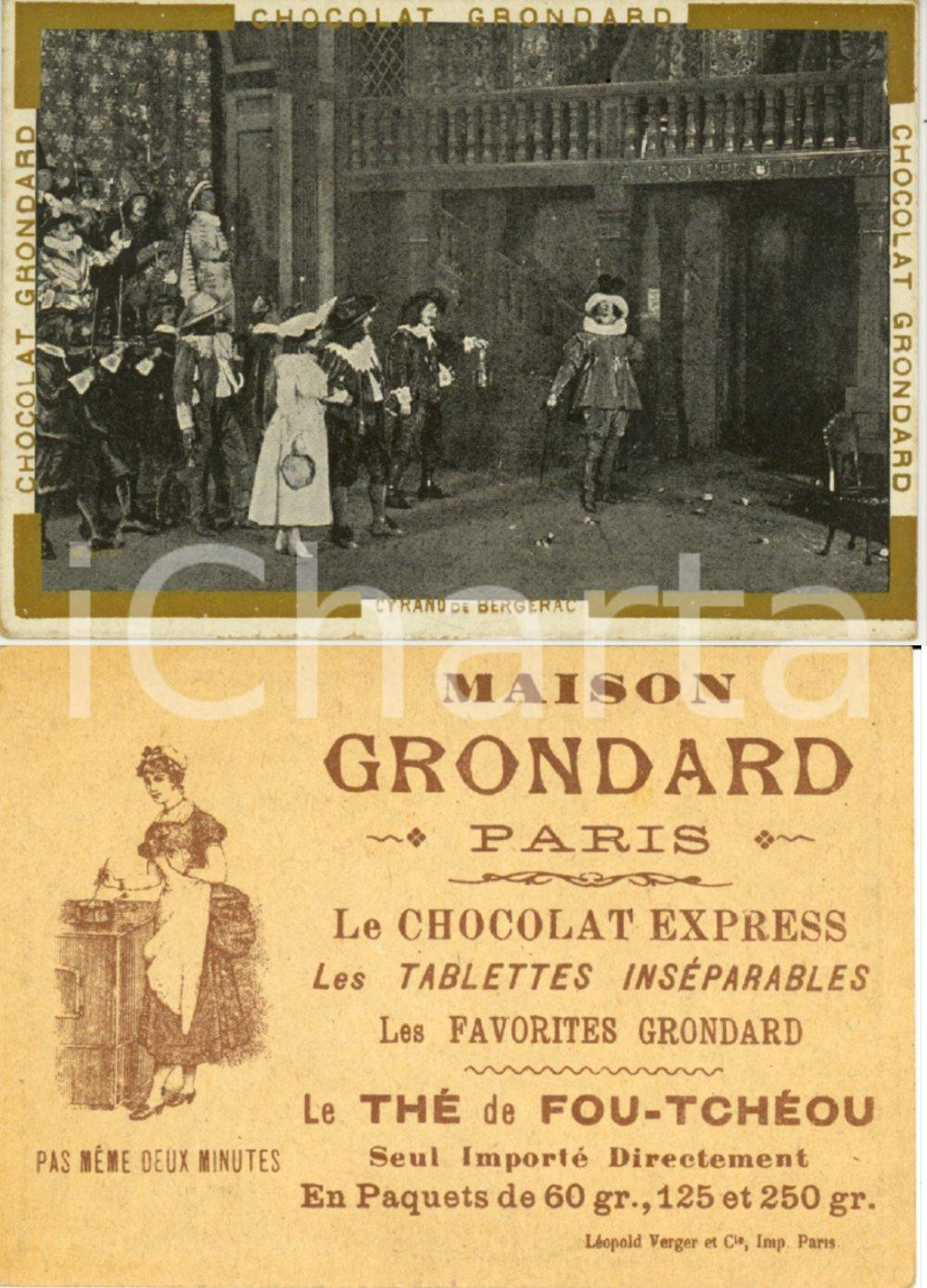 Materiale pubblicitario d’epoca 1890 ca PARIS Chocolat Maison GRONDARD CYRANO DE BERGERAC Biglietto 1