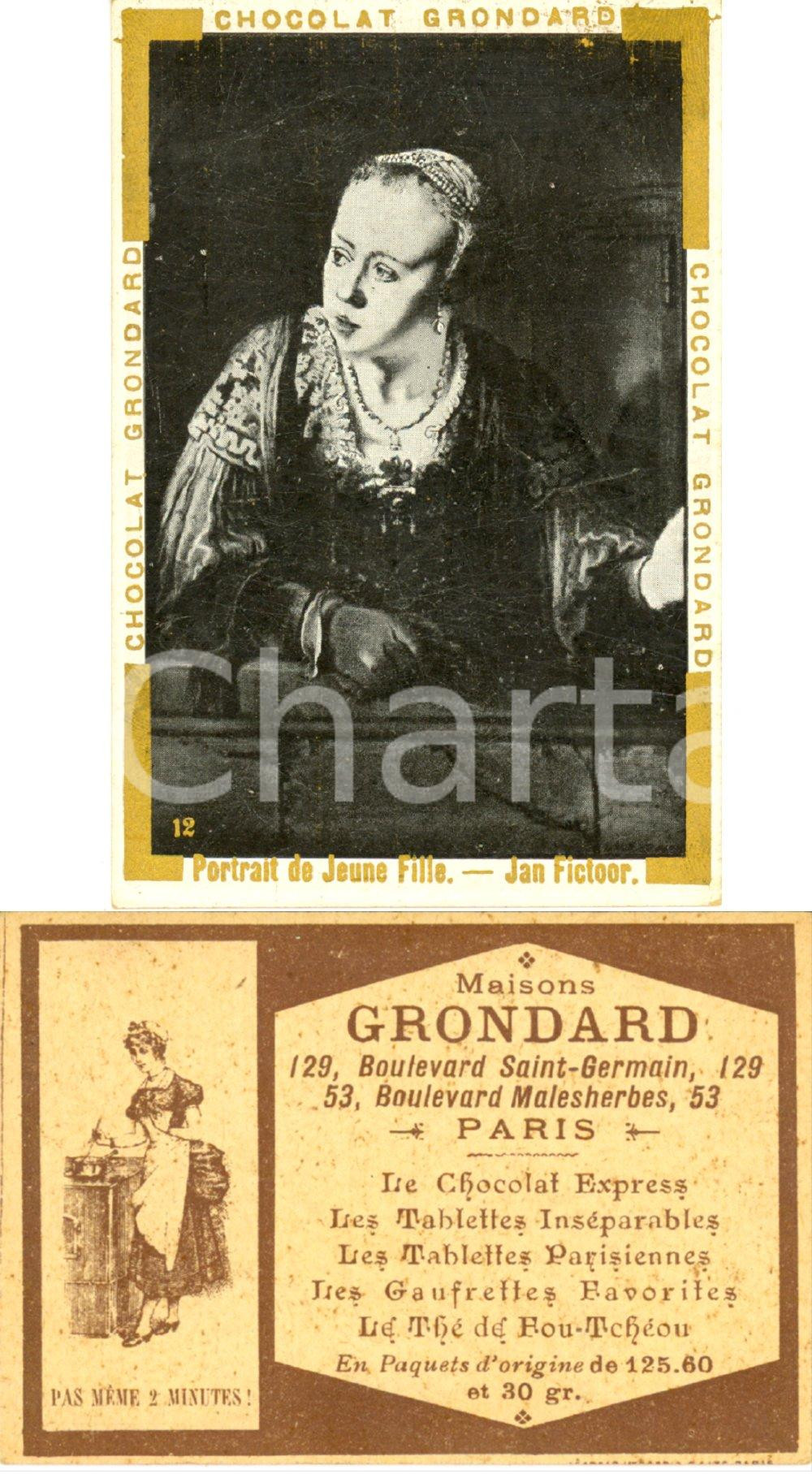 Materiale pubblicitario d’epoca 1890 ca PARIS Chocolat Maison GRONDARD JAN FICTOOR Biglietto 1