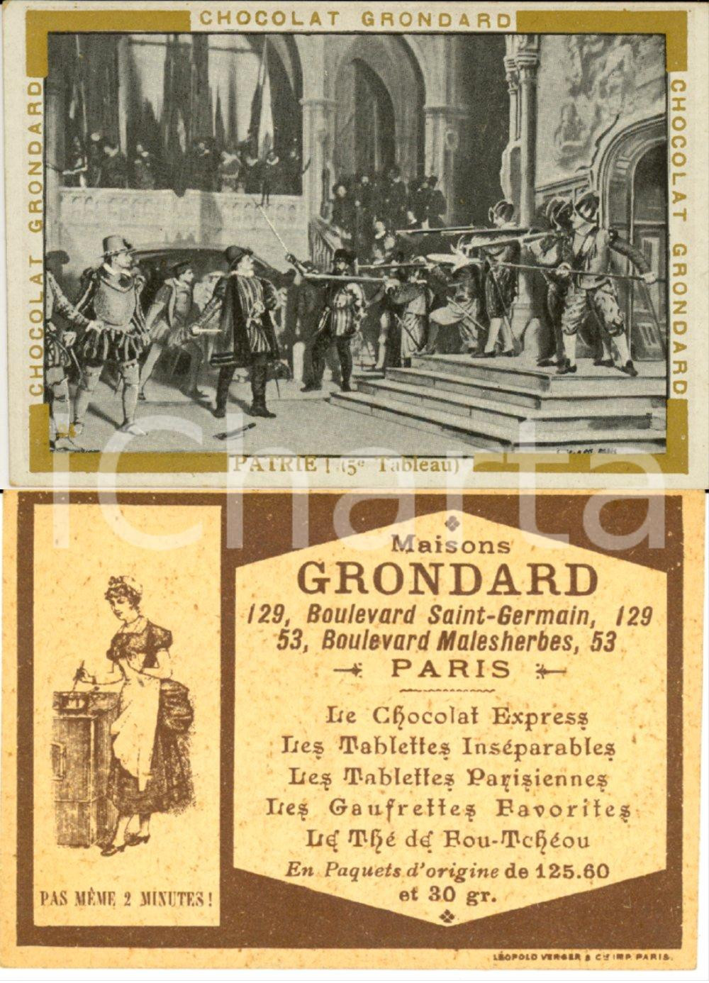 Materiale pubblicitario d’epoca 1890 ca PARIS Chocolat Maison GRONDARD PATRIE! Biglietto 1