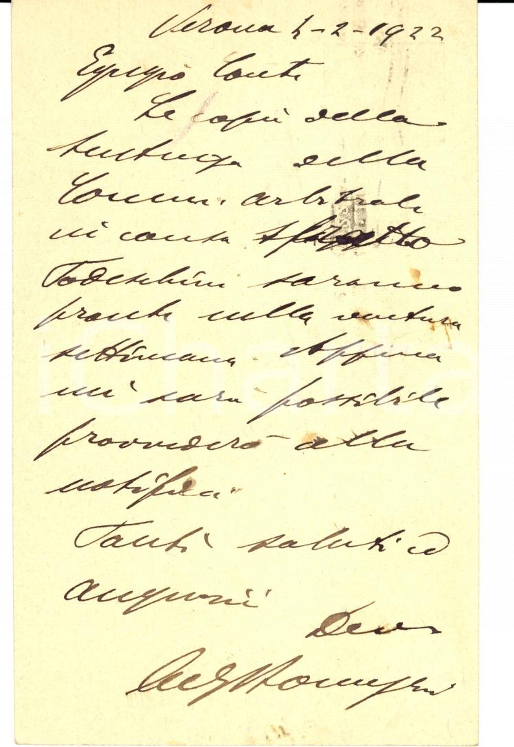 Manoscritto, lettera originale 1922 VERONA Avv. Gaetano BONUZZI su sfratto TODESCHINI Cartolina postale 1