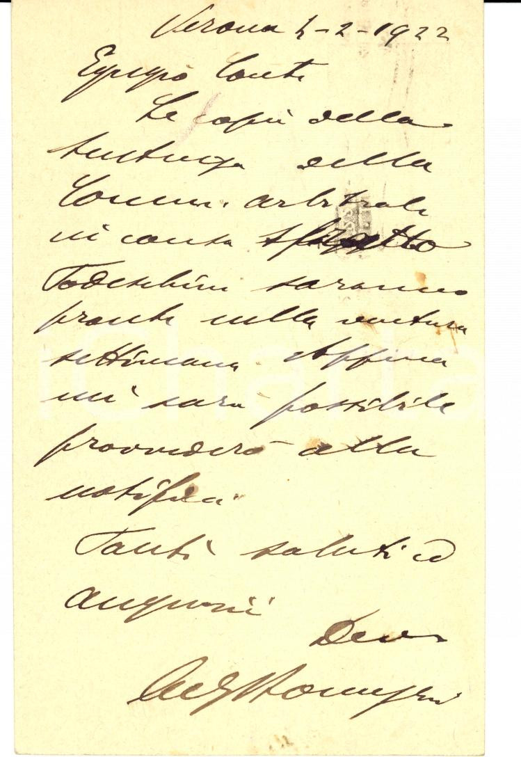 Manoscritto, lettera originale 1922 VERONA Avv. Gaetano BONUZZI su sfratto TODESCHINI Cartolina postale 1