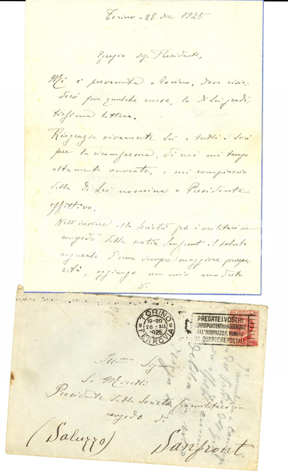 Manoscritto, lettera originale 1925 SANFRONT CN Colonnello DEMARIA pro SOCIETA  DEI MILITARI IN CONGEDO 1