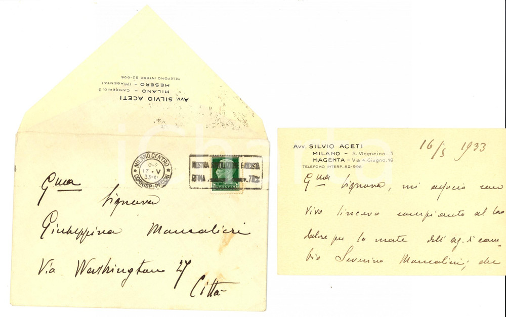 Manoscritto, lettera originale 1933 MAGENTA MILANO Avv. Silvio ACETI in morte di Severino MONCALIERI 1