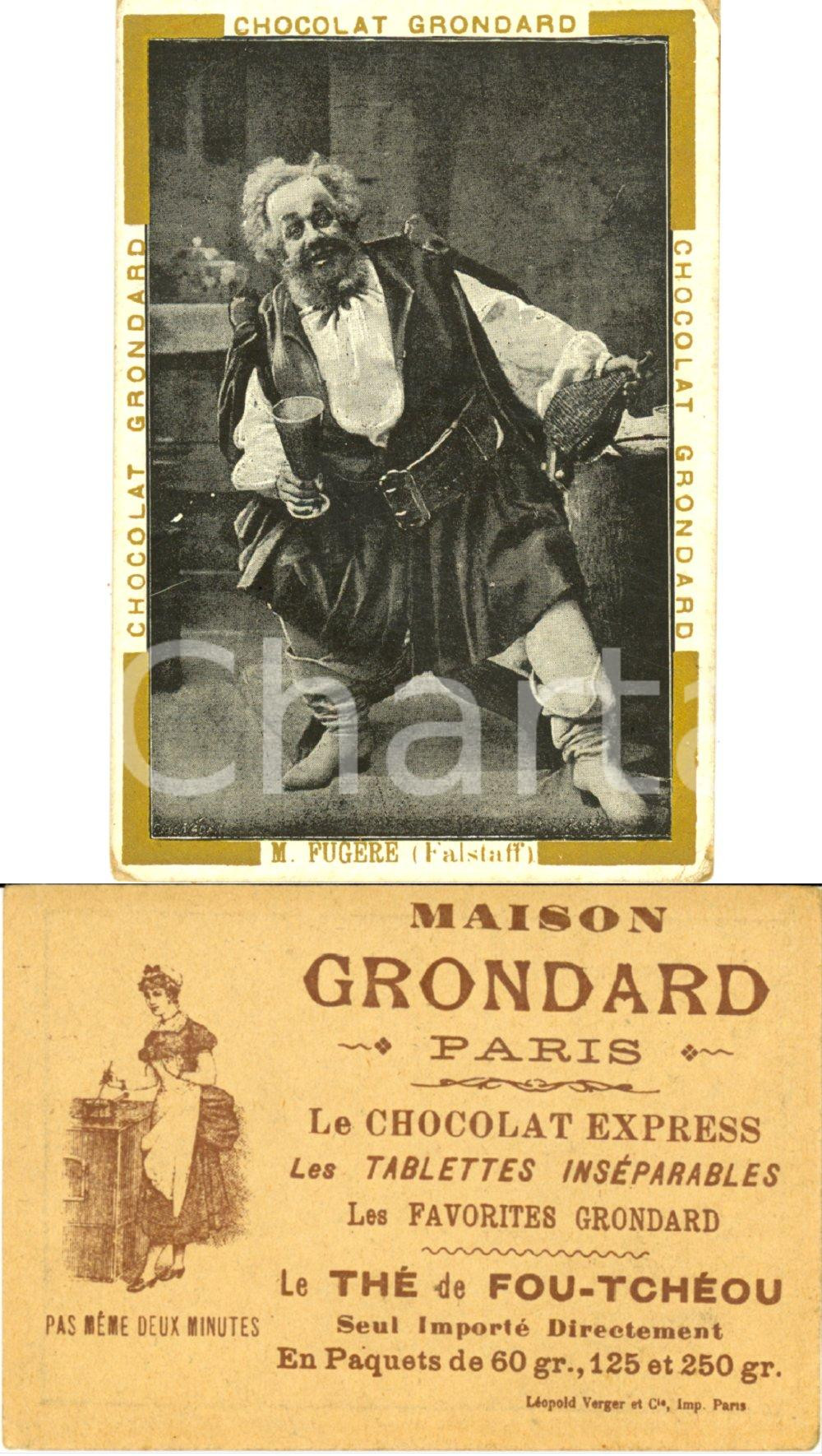 Materiale pubblicitario d’epoca 1890 ca PARIS Chocolat Maison GRONDARD LUCIEN FUGERE Falstaff Biglietto 1