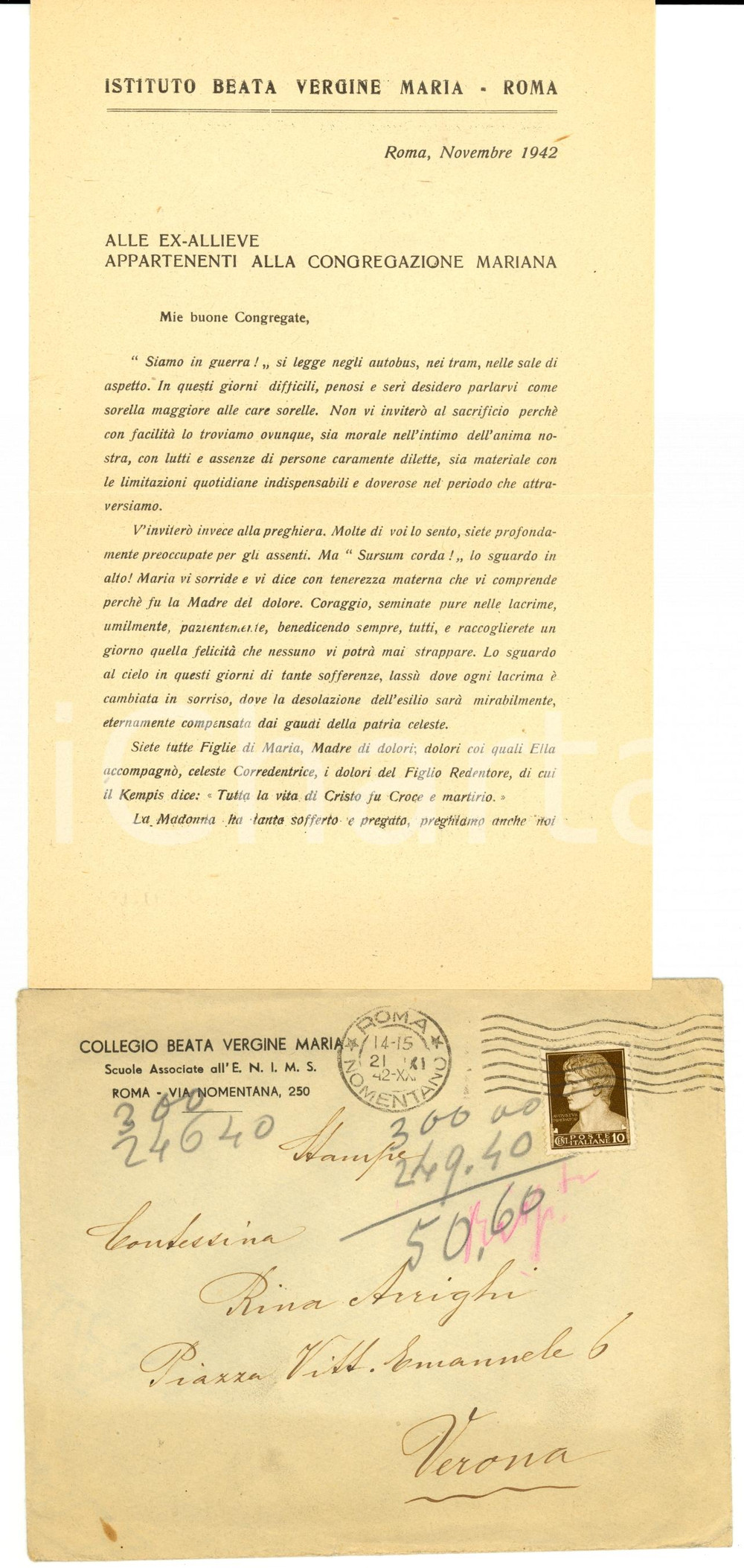 Manoscritto, lettera originale 1942 WW2 ROMA Collegio BEATA VERGINE MARIA  Preghiere per la guerra Lettera 1