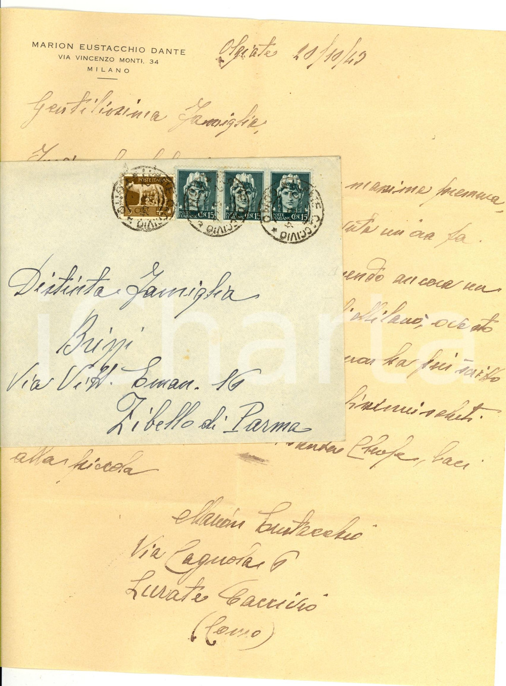 Manoscritto, lettera originale 1944 RSI LURATE CACCIVIO CO Marion Eustacchio DANTE disturbato a Milano 1