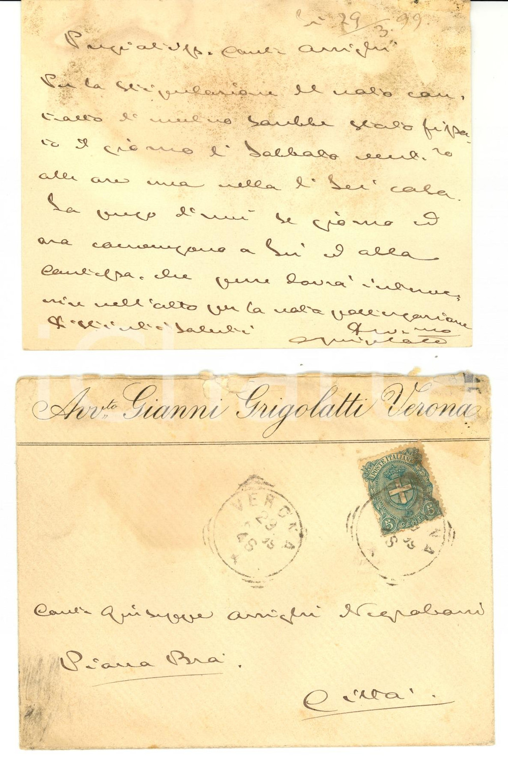 Manoscritto, lettera originale 1899 VERONA Avv. Gianni GRIGOLATTI stipula contratto per conte ARRIGHI 1