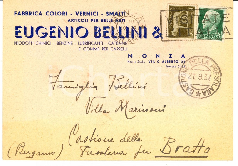 Manoscritto, lettera originale 1937 MONZA Eugenio BELLINI Fabbrica colori  vernici  smalti FG VG 1