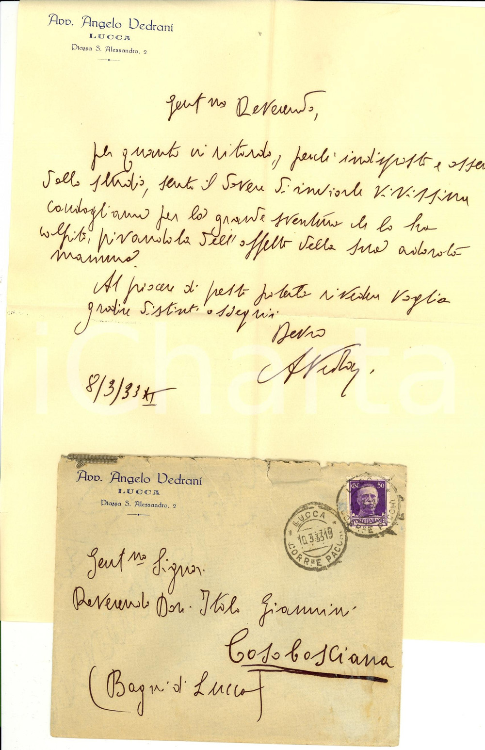 Manoscritto, lettera originale 1933 LUCCA Condoglianze dell avv. Angelo VEDRANI Lettera 1
