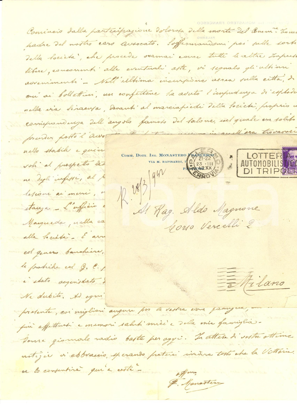 Manoscritto, lettera originale 1942 WW2 PALERMO Ing. Francesco MONASTERO sotto i bombardamenti Lettera 1