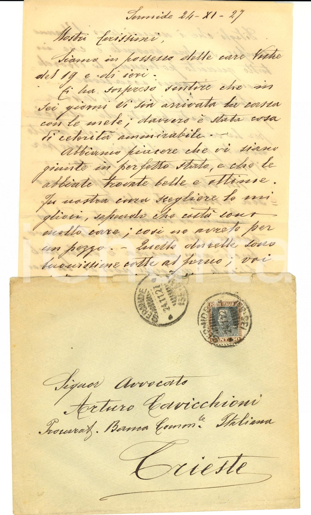 Manoscritto, lettera originale 1927 SERMIDE MN Mele all avv. Arturo CAVICCHIONI Banca Commerciale Italiana 1