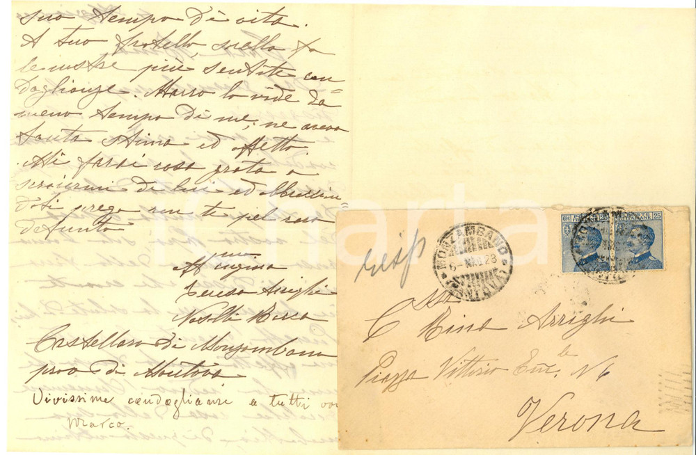 Autografo originale 1923 CASTELLARO DI MONZAMBANO MN Condoglianze Teresa ARRIGHI NASALLI ROCCA 1