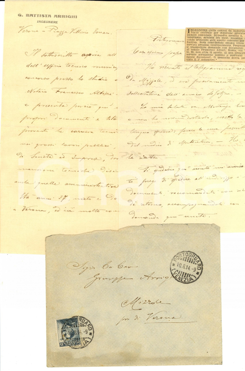 Manoscritto, lettera originale 1914 VERONA Ing. Giovanni Battista ARRIGHI candidato presso notaio ALTIERI 1