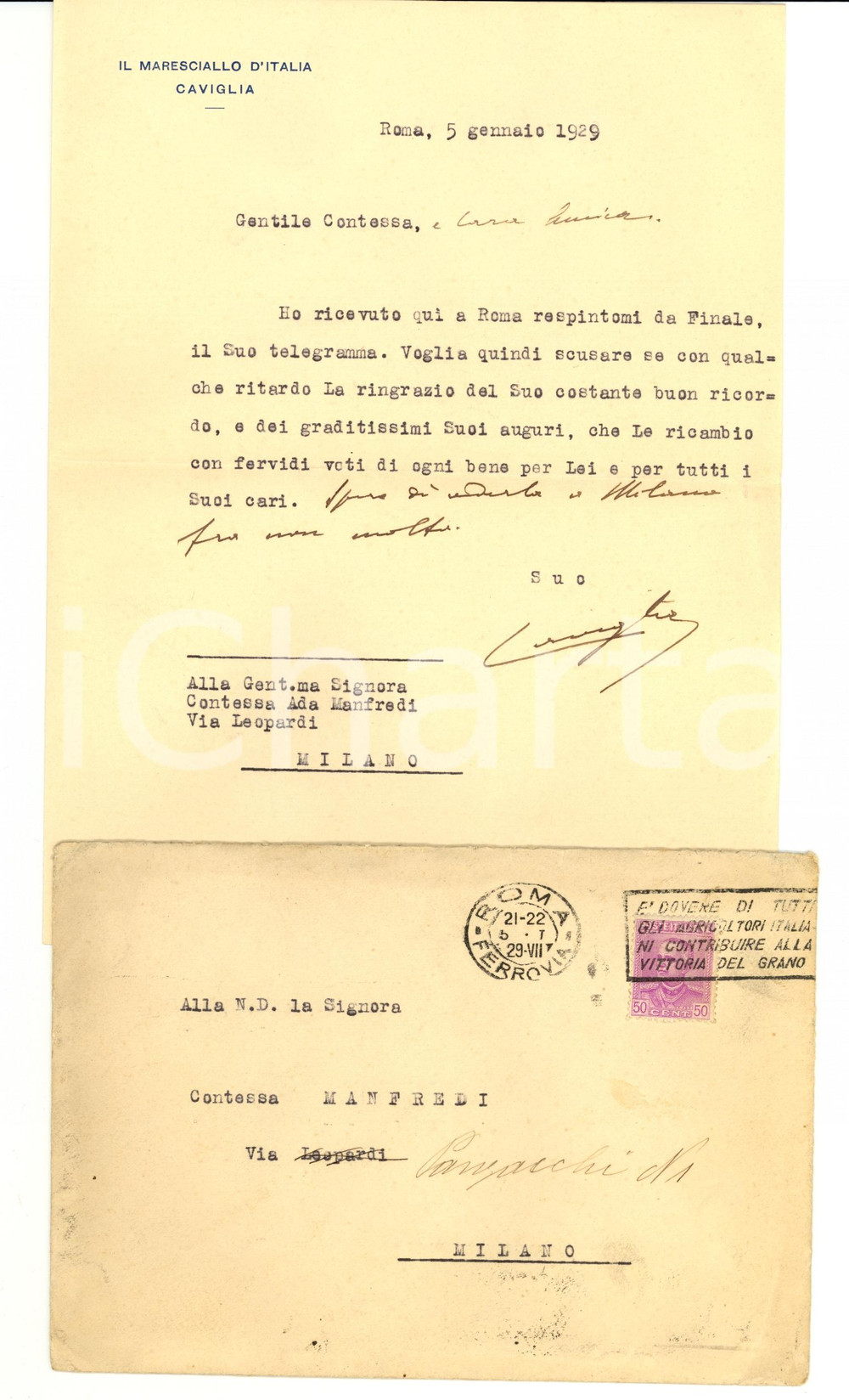 Autografo originale 1929 ROMA Enrico CAVIGLIA Maresciallo d Italia alla contessa Ada MANFREDI 1