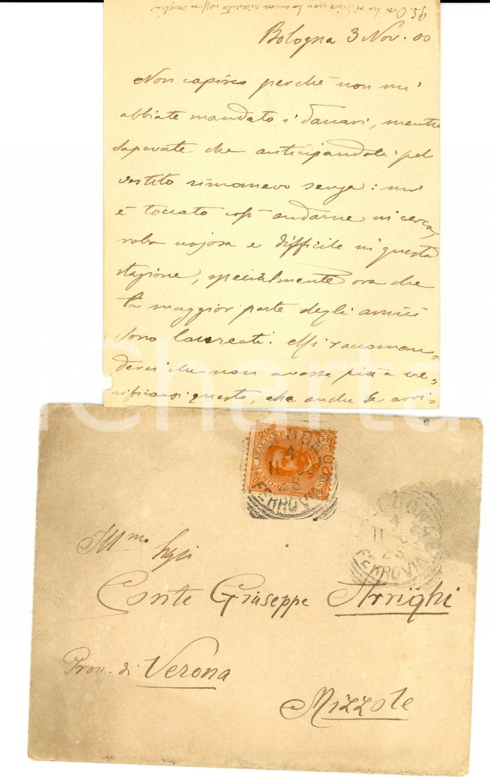 Manoscritto, lettera originale 1900 BOLOGNA Conte Giovanni Battista ARRIGHI pretende denaro dal padre 1