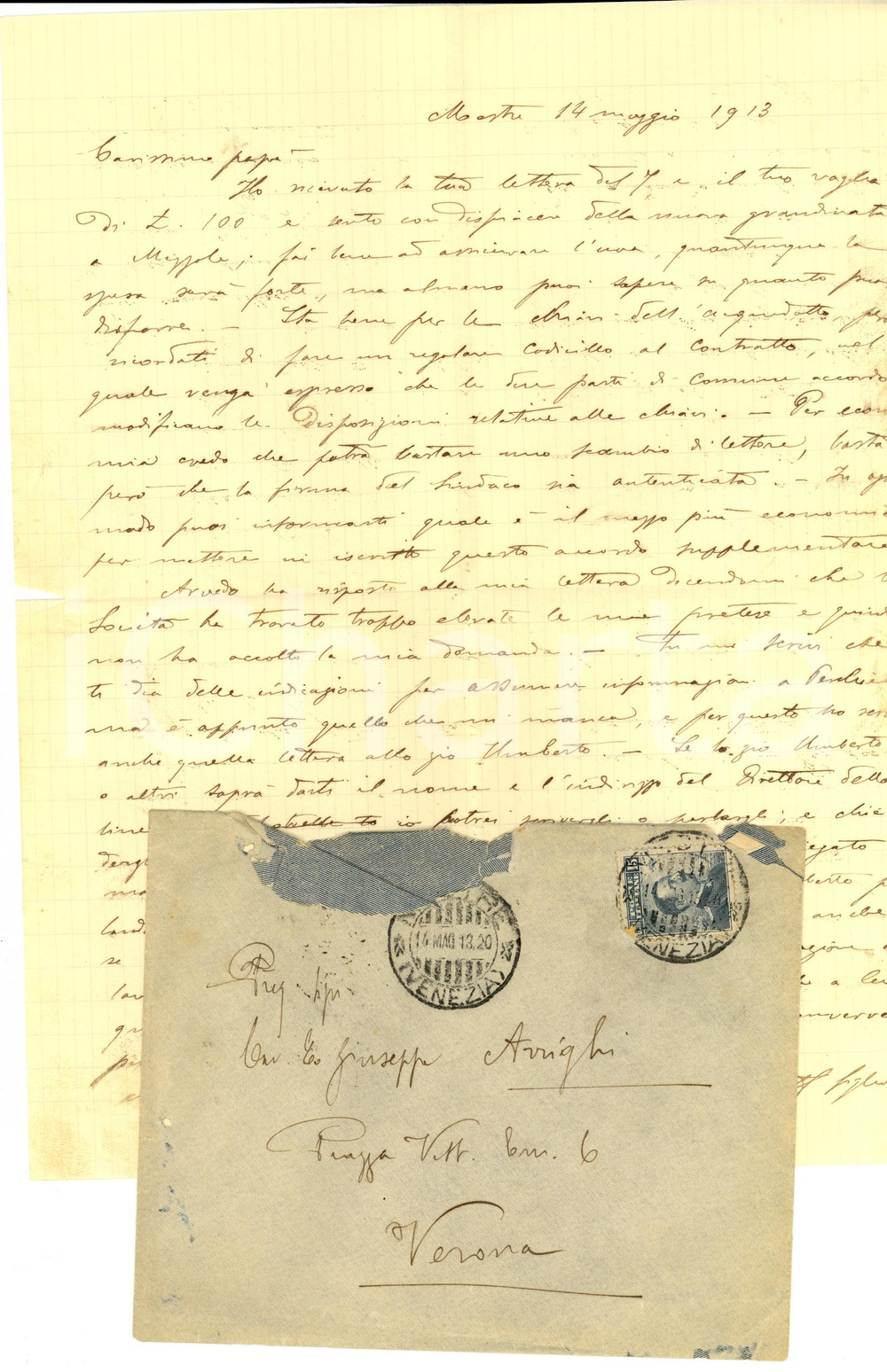 Manoscritto, lettera originale 1913 MESTRE Ing. Giovanni Battista ARRIGHI su affari di famiglia Lettera 1