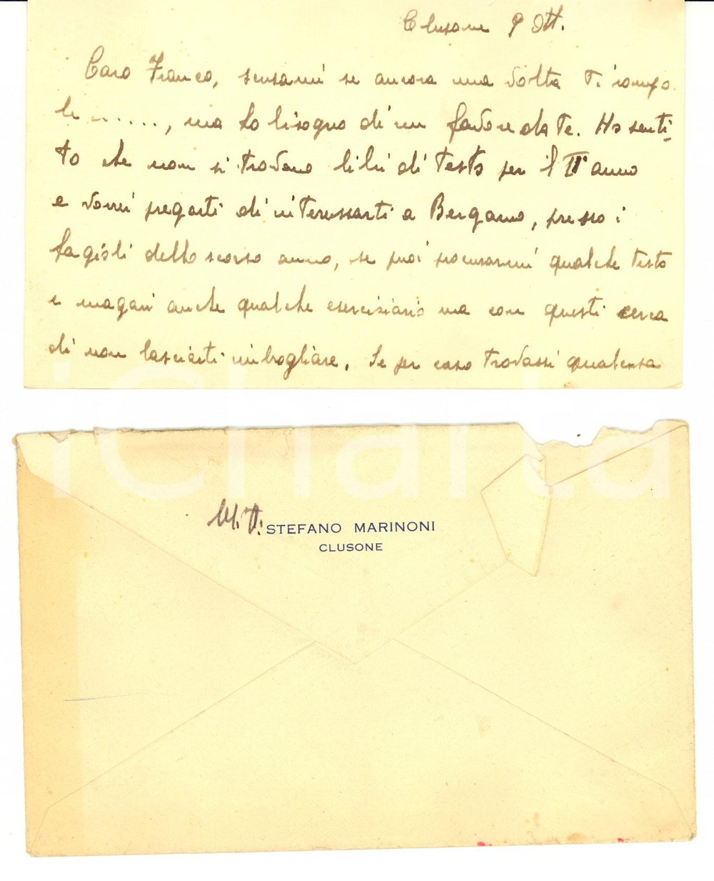 Manoscritto, lettera originale 1943 WW2 CLUSONE BG Stefano MARINONI isolato e senza libri causa guerra 1