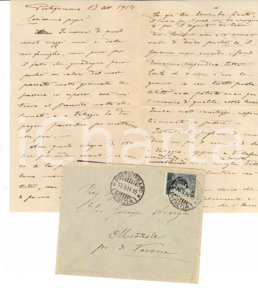 Manoscritto, lettera originale 1914 PORTOGRUARO VE Scarsi guadagni ing. Giovanni Battista ARRIGHI 1