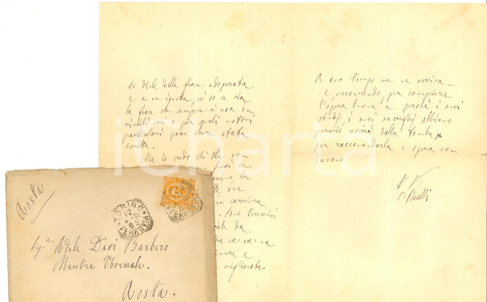 Autografo originale 1891 TORINO Paolo BOSELLI raccomanda Adele DARI BARBERO Autografo 1