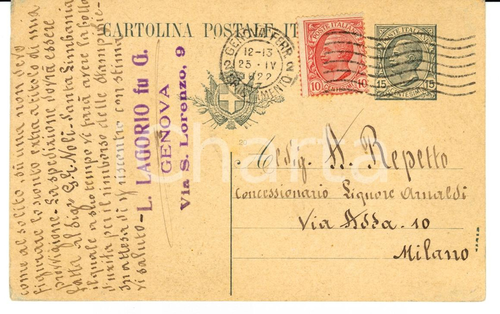 Documento originale, autentico 1922 GENOVA Ditta L. LAGORIO acquista liquore ARNALDI Cartolina FP VG 1
