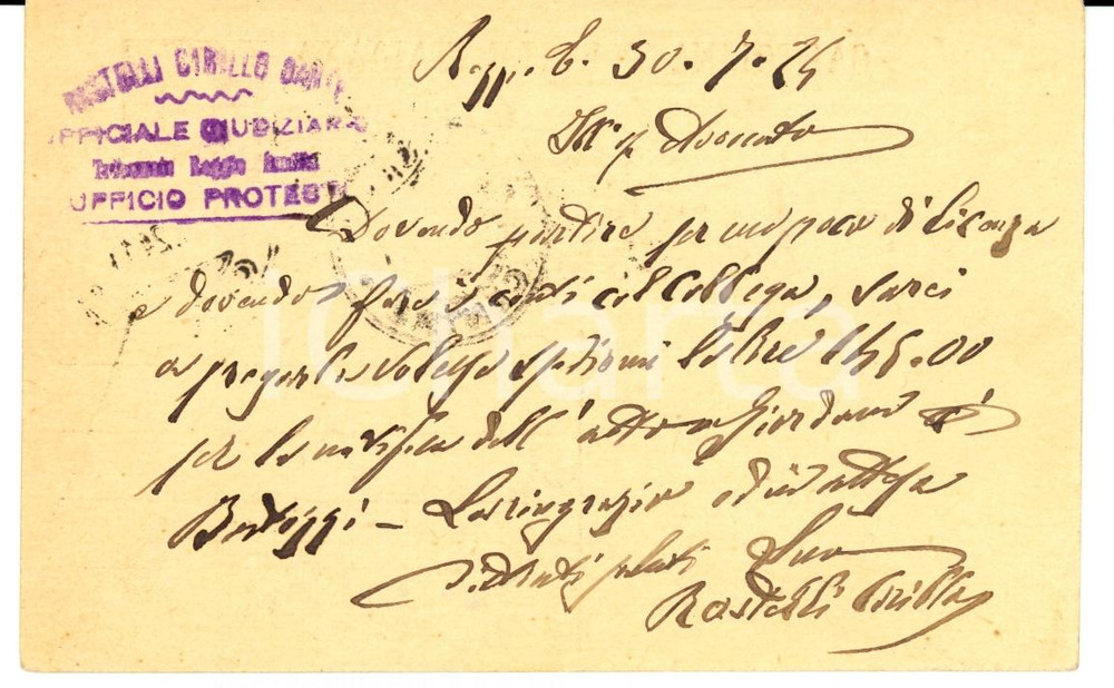 Manoscritto, lettera originale 1924 REGGIO EMILIA Cirillo RASTELLI Ufficiale giudiziario Cartolina FP VG 1